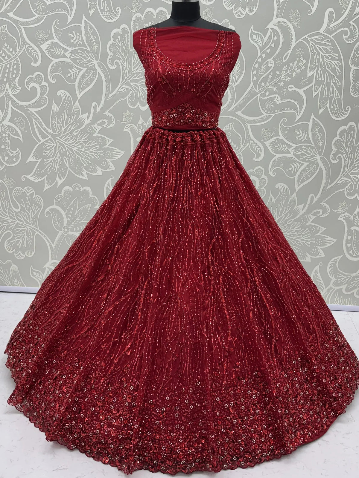 Breathtaking Red Bead Work Net Bridal Lehenga Choli With Dupatta