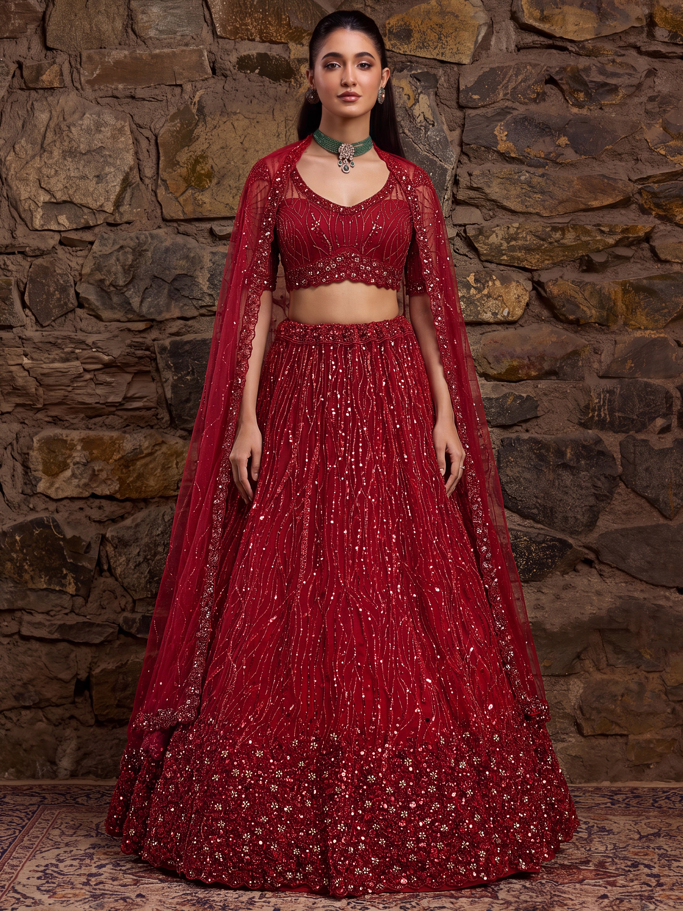 Breathtaking Red Bead Work Net Bridal Lehenga Choli With Dupatta