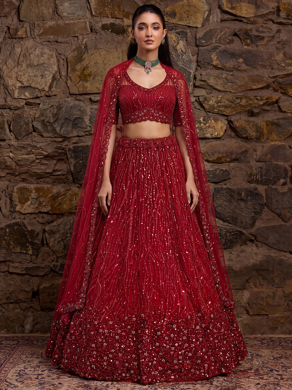 Breathtaking Red Bead Work Net Bridal Lehenga Choli With Dupatta
