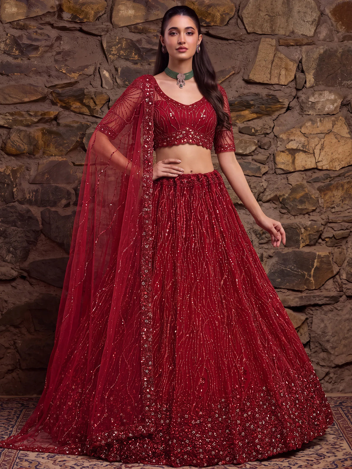 Breathtaking Red Bead Work Net Bridal Lehenga Choli With Dupatta