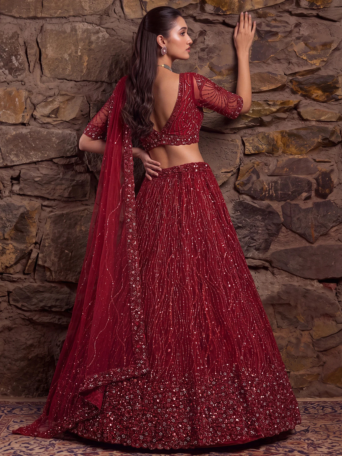 Breathtaking Red Bead Work Net Bridal Lehenga Choli With Dupatta