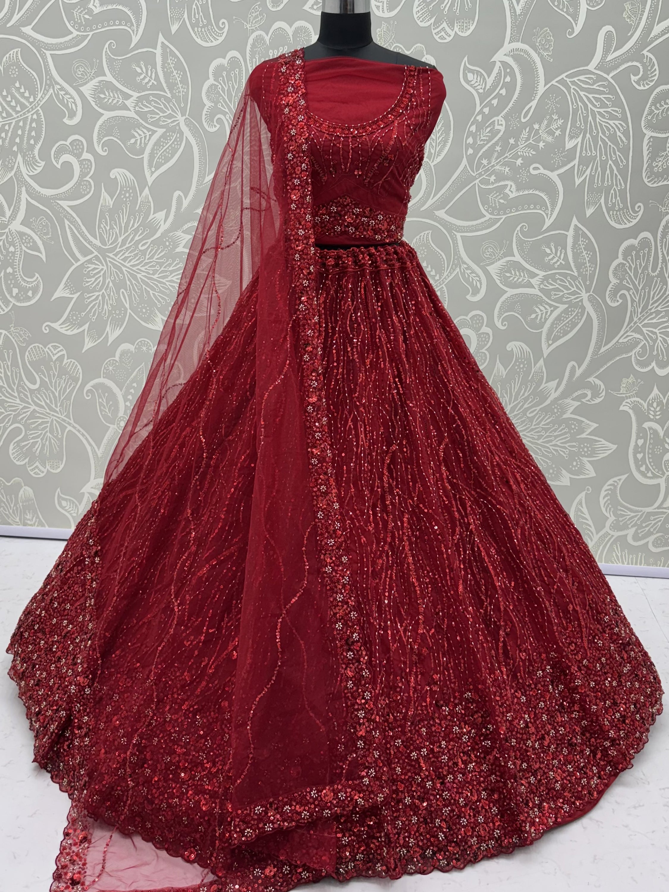 Breathtaking Red Bead Work Net Bridal Lehenga Choli With Dupatta