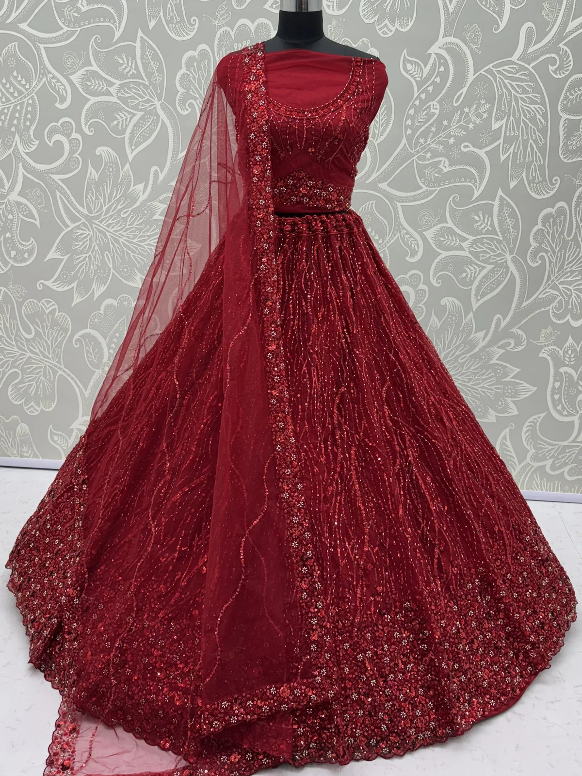 Breathtaking Red Bead Work Net Bridal Lehenga Choli With Dupatta