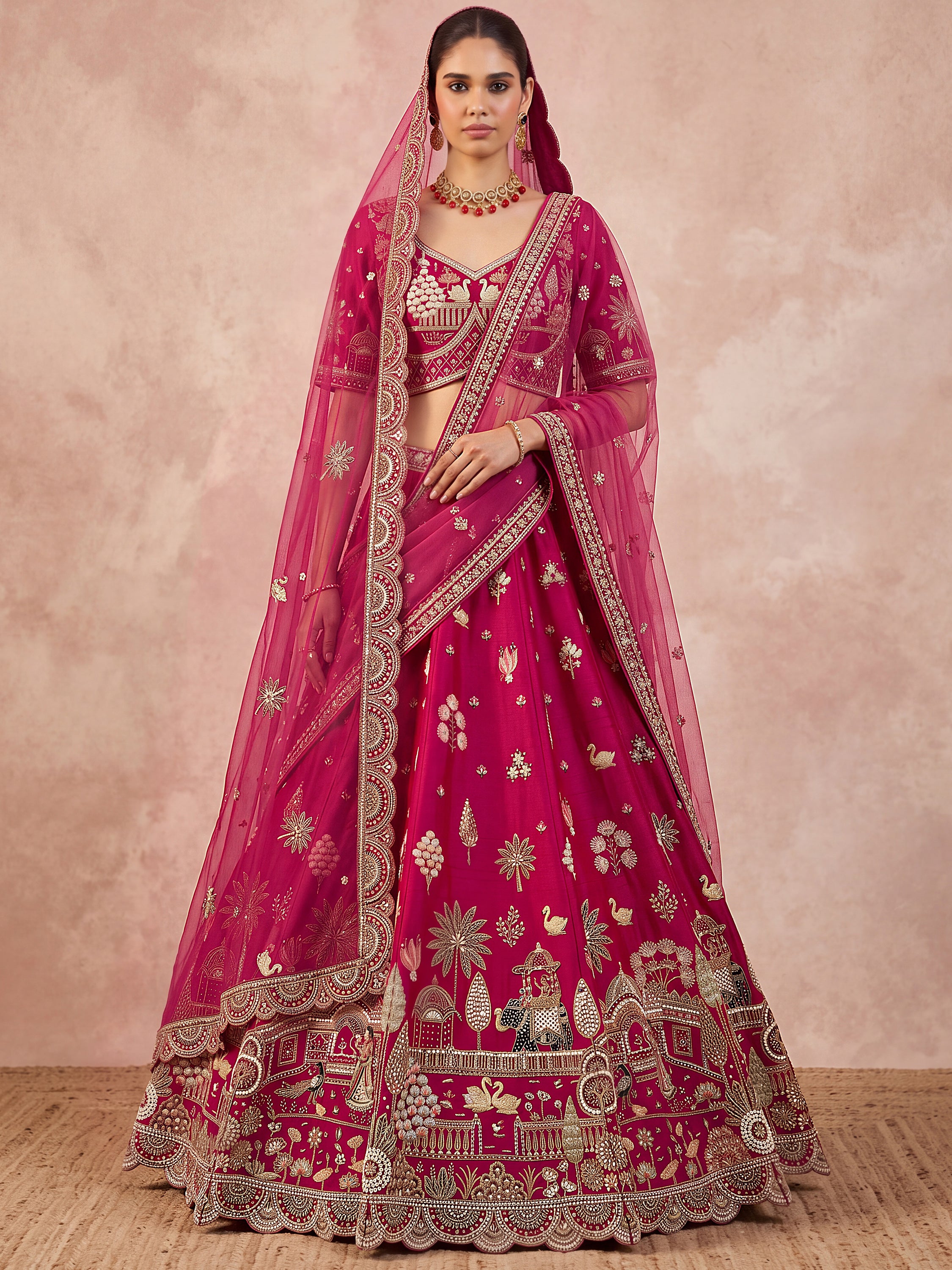 Pretty Rani Pink Hand Work Silk Bridal Lehenga Choli With Double Dupatta