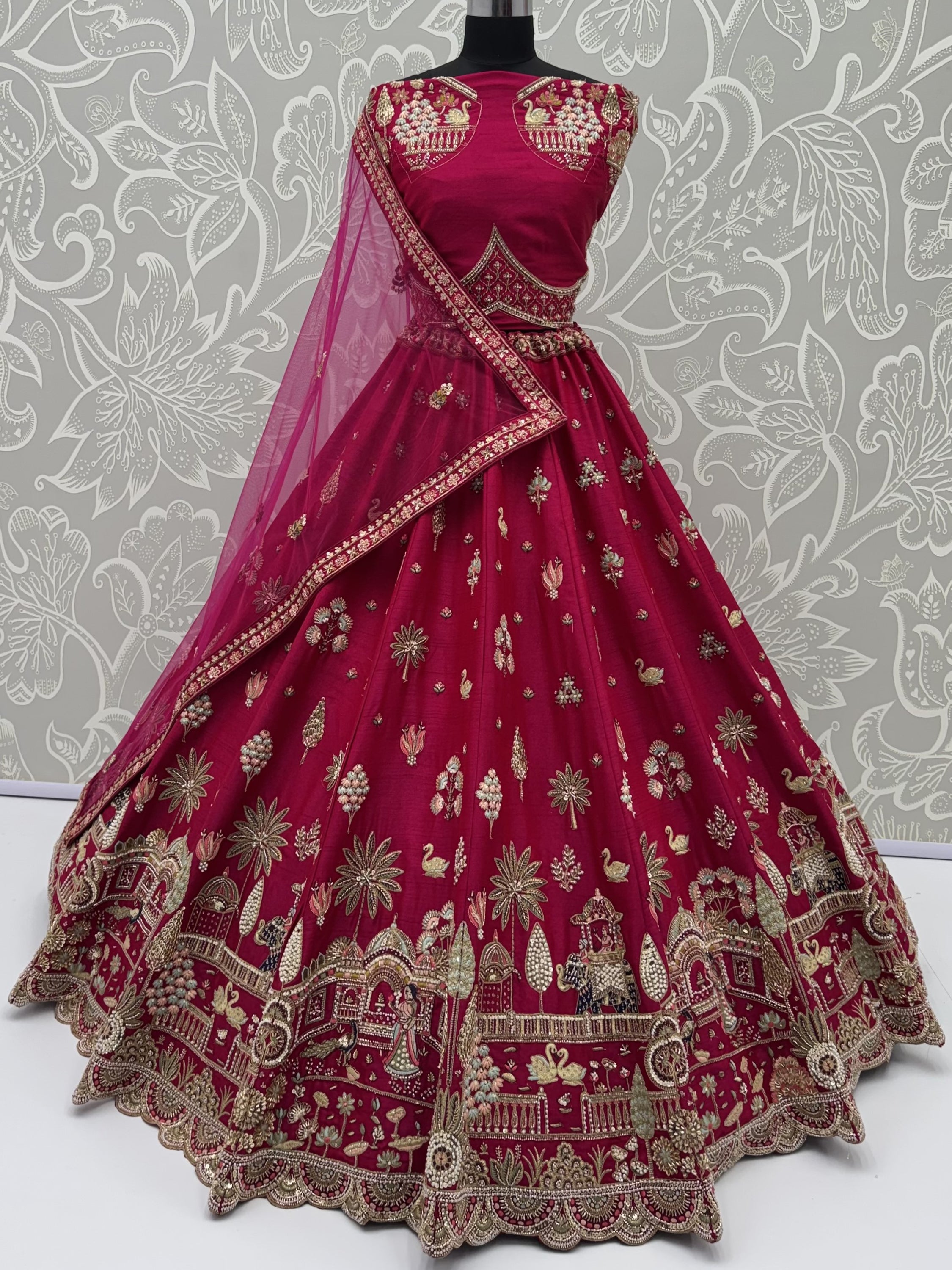 Pretty Rani Pink Hand Work Silk Bridal Lehenga Choli With Double Dupatta