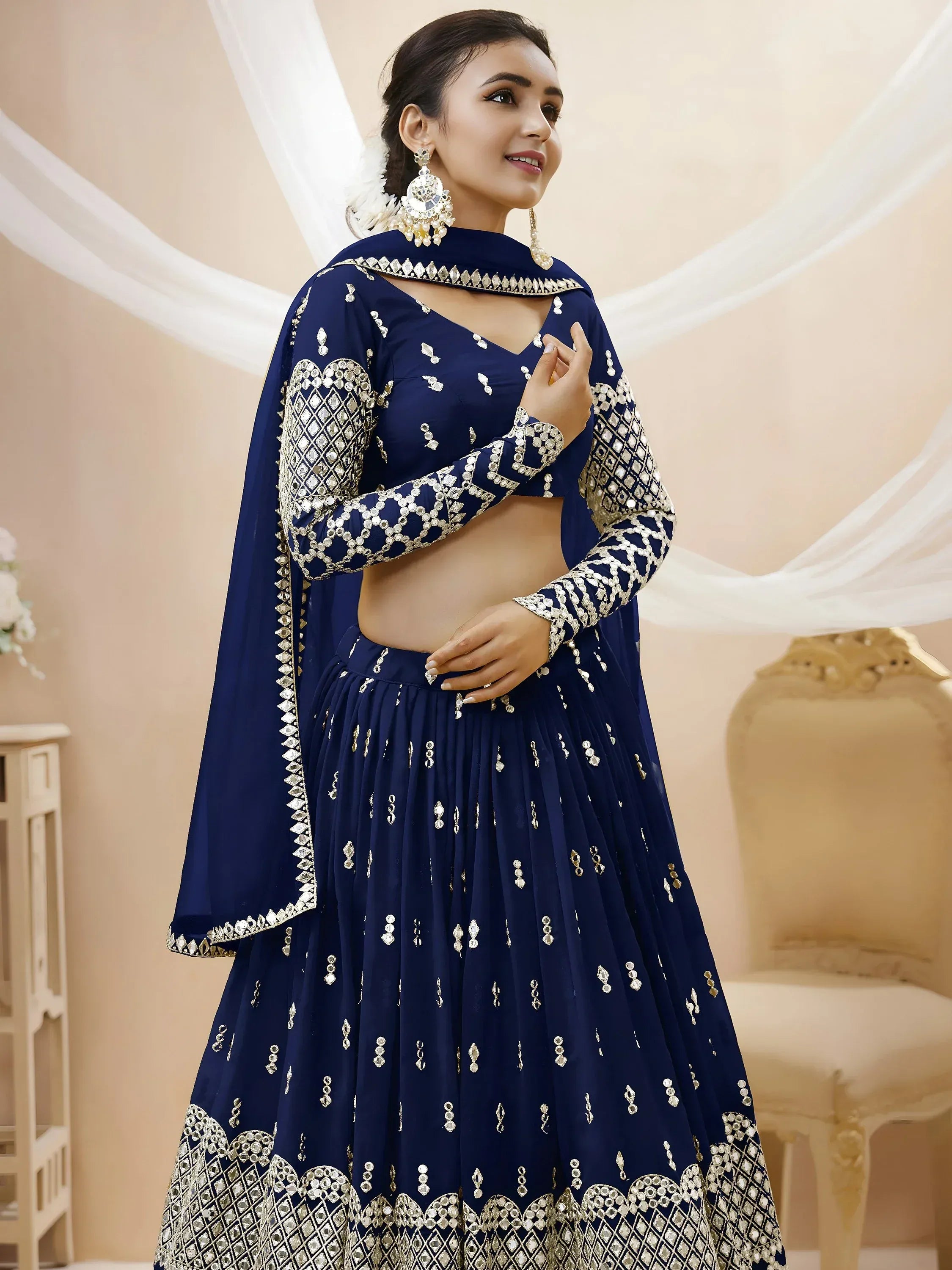 Graceful Navy Blue Zari Embroidered Georgette Plus Size Lehenga Choli