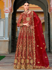 Precious Red Embroidered Net Festive Wear Gown With Dupatta