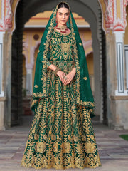 Classic Green Embroidered Net Wedding Wear Gown With Dupatta