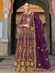 Alluring Wine Embroidered Net Reception Wear Gown With Dupatta