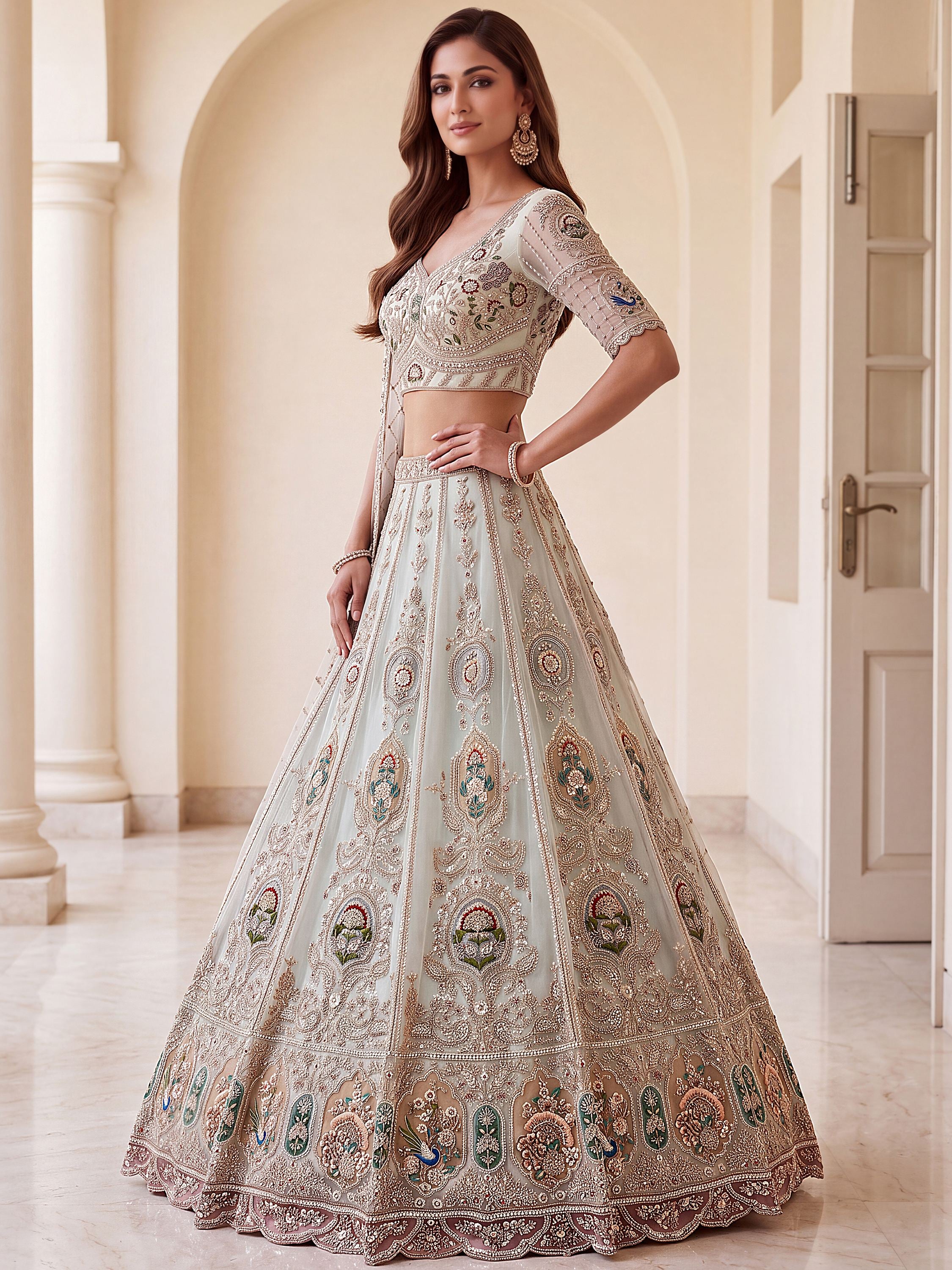Rich Mint Green Heavy Embroidered Net Reception Wear Lehenga Choli