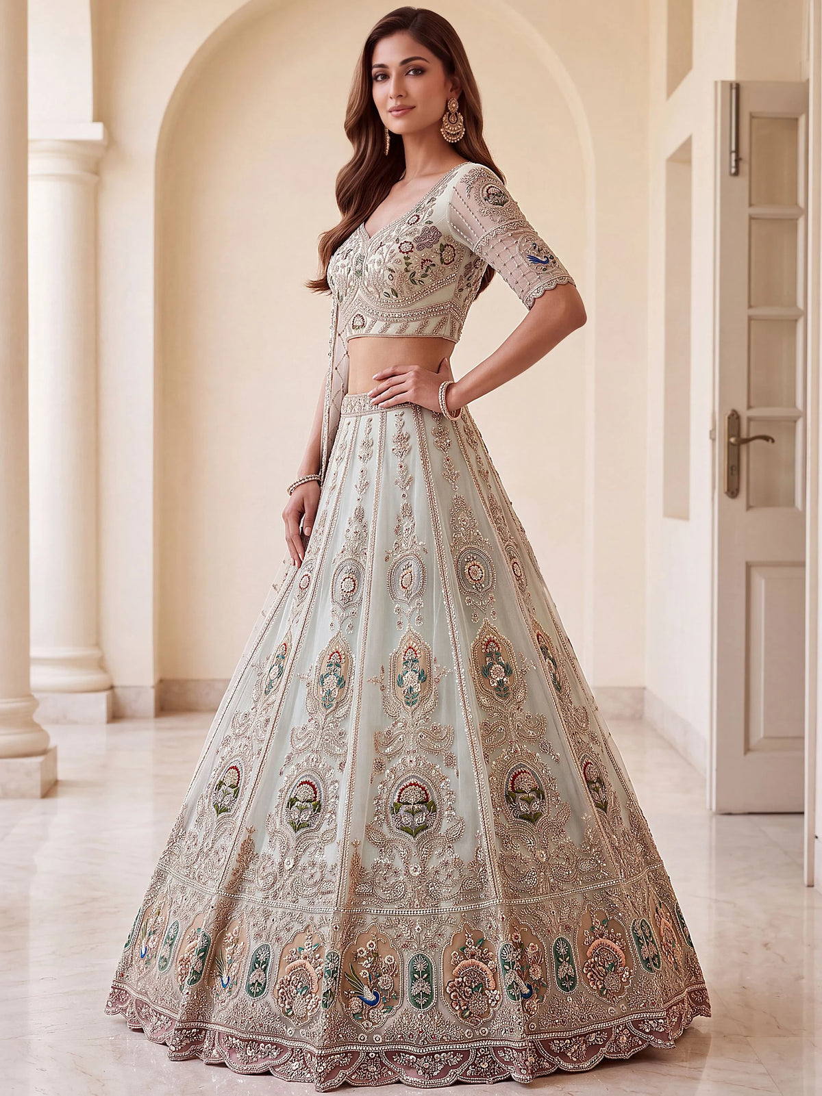 Rich Mint Green Heavy Embroidered Net Reception Wear Lehenga Choli