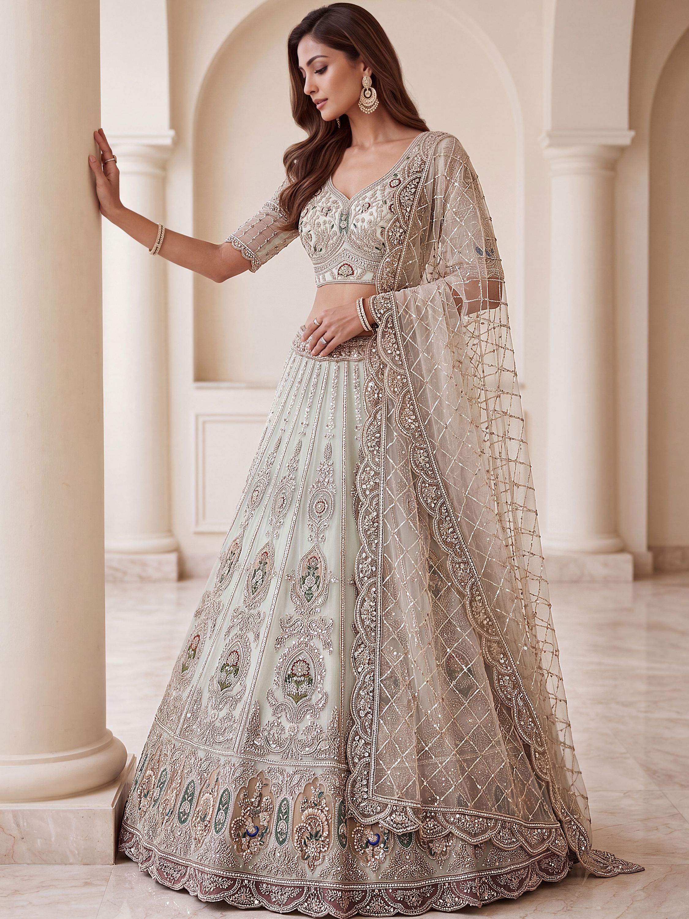 Rich Mint Green Heavy Embroidered Net Reception Wear Lehenga Choli