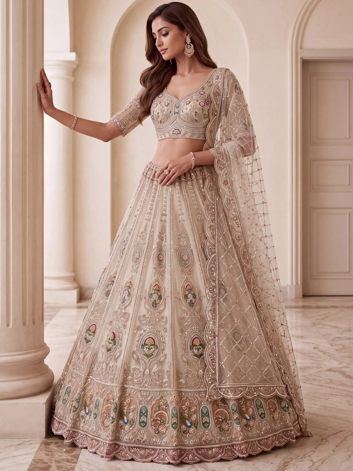 Noteworthy Beige Zari Work Net Sangeet Wear Lehenga Choli With Dupatta
