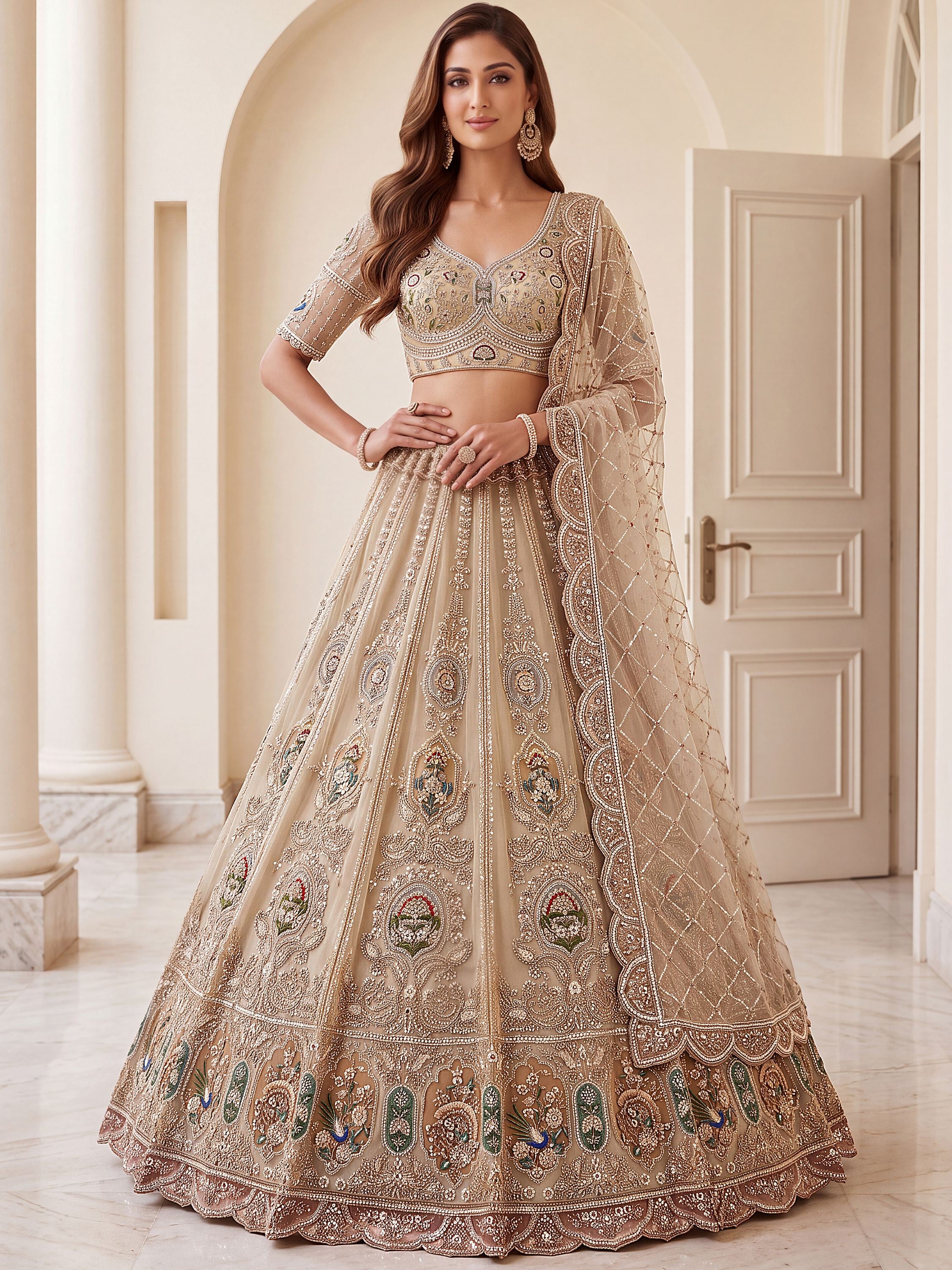 Noteworthy Beige Zari Work Net Sangeet Wear Lehenga Choli With Dupatta
