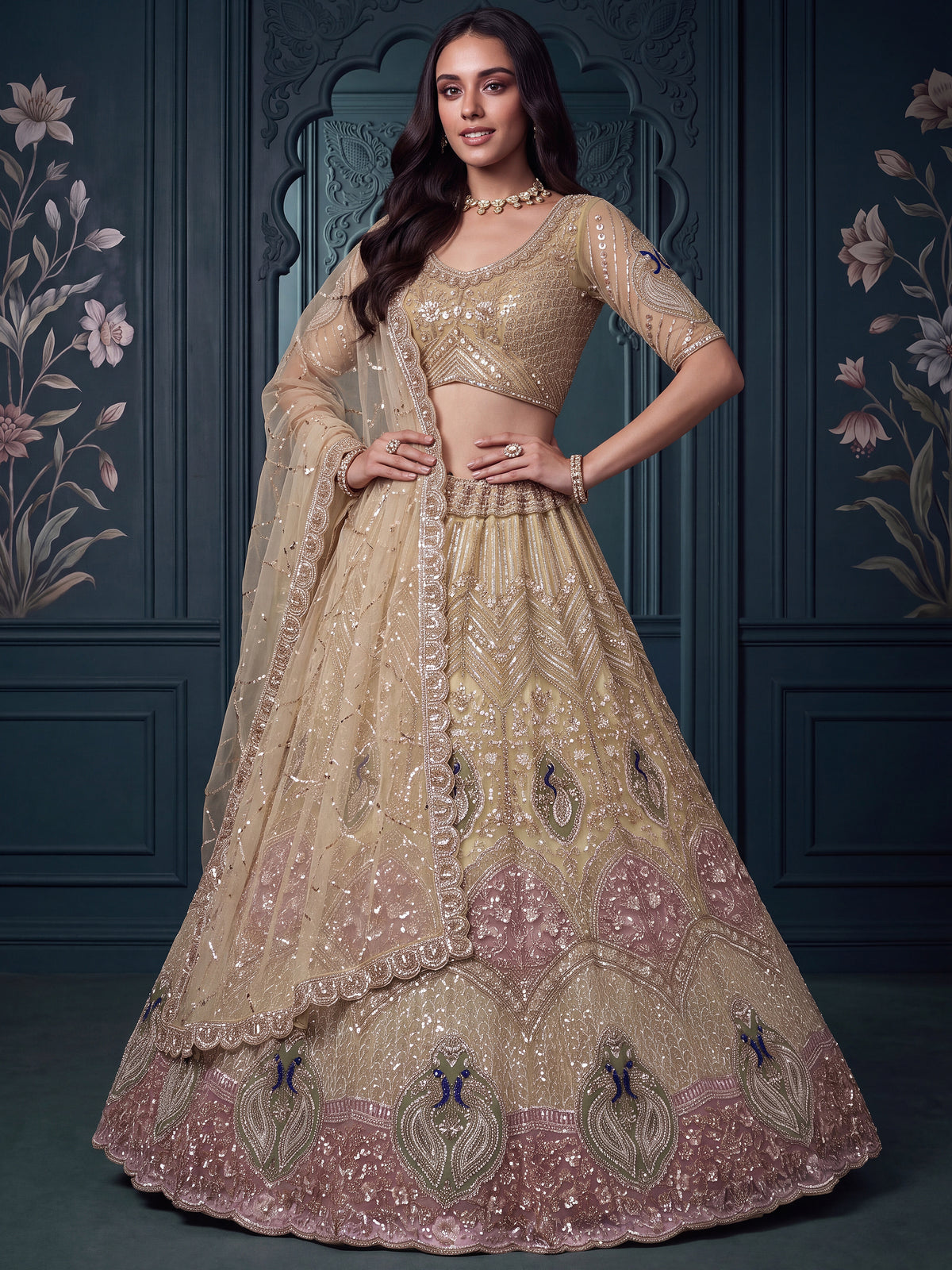 Gorgeous Golden Bead Embroidered Net Sangeet Wear Lehenga Choli
