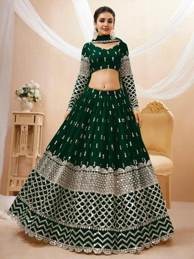 Capricious Dark Green Sequins Work Georgette Lehenga Choli