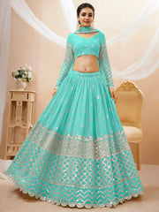 Spectacular Sky Blue Sequins Georgette Sangeet Wear Lehenga Choli