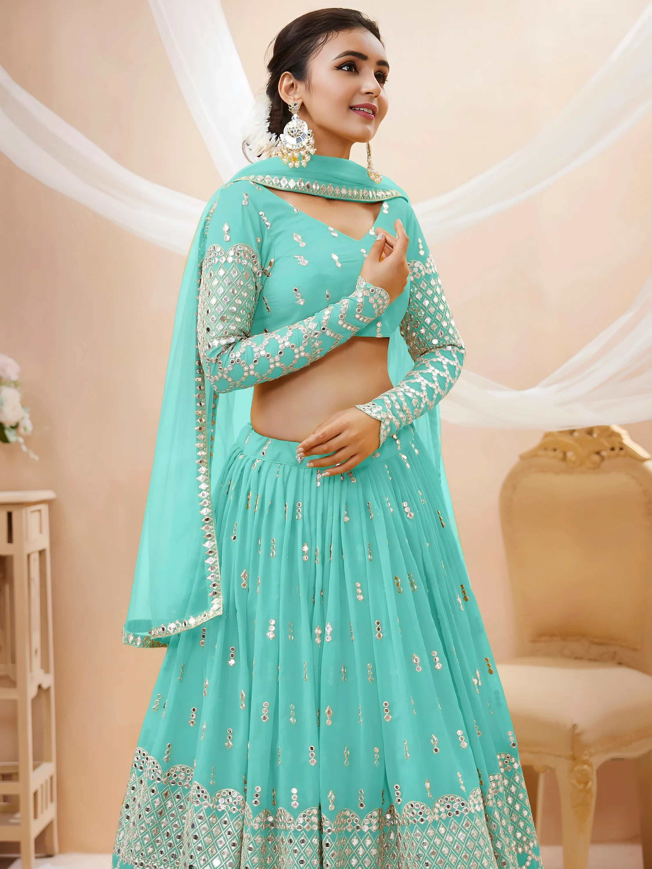 Fabulous Sky Blue Zari Embroidered Georgette Plus Size Lehenga Choli