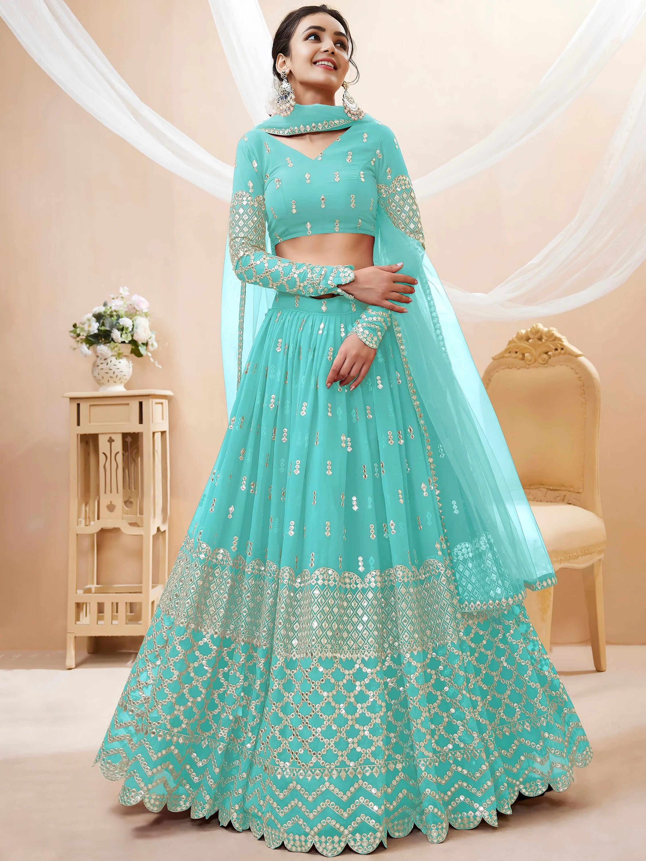 Fabulous Sky Blue Zari Embroidered Georgette Plus Size Lehenga Choli