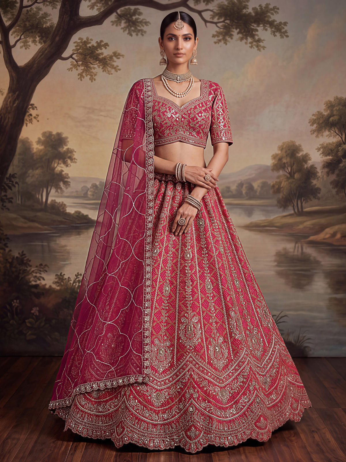 Royal Pink Khatli Work Banarasi Silk Reception Wear Lehenga With Blouse