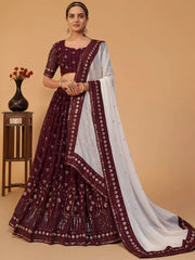 Dazzling Plum Georgette Thread Embroidery Party Wear Lehenga Choli