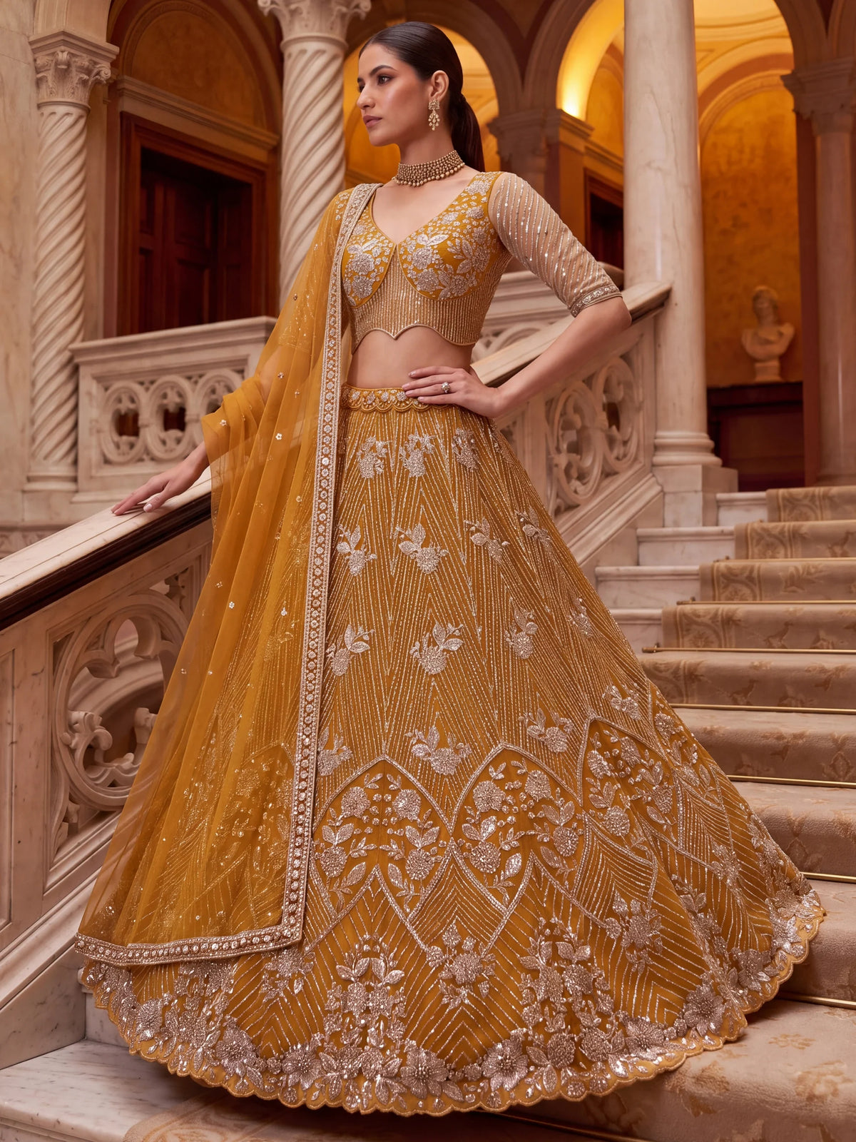 Glowing Mustard Yellow Bead Work Net Reception Wear Lehenga Choli