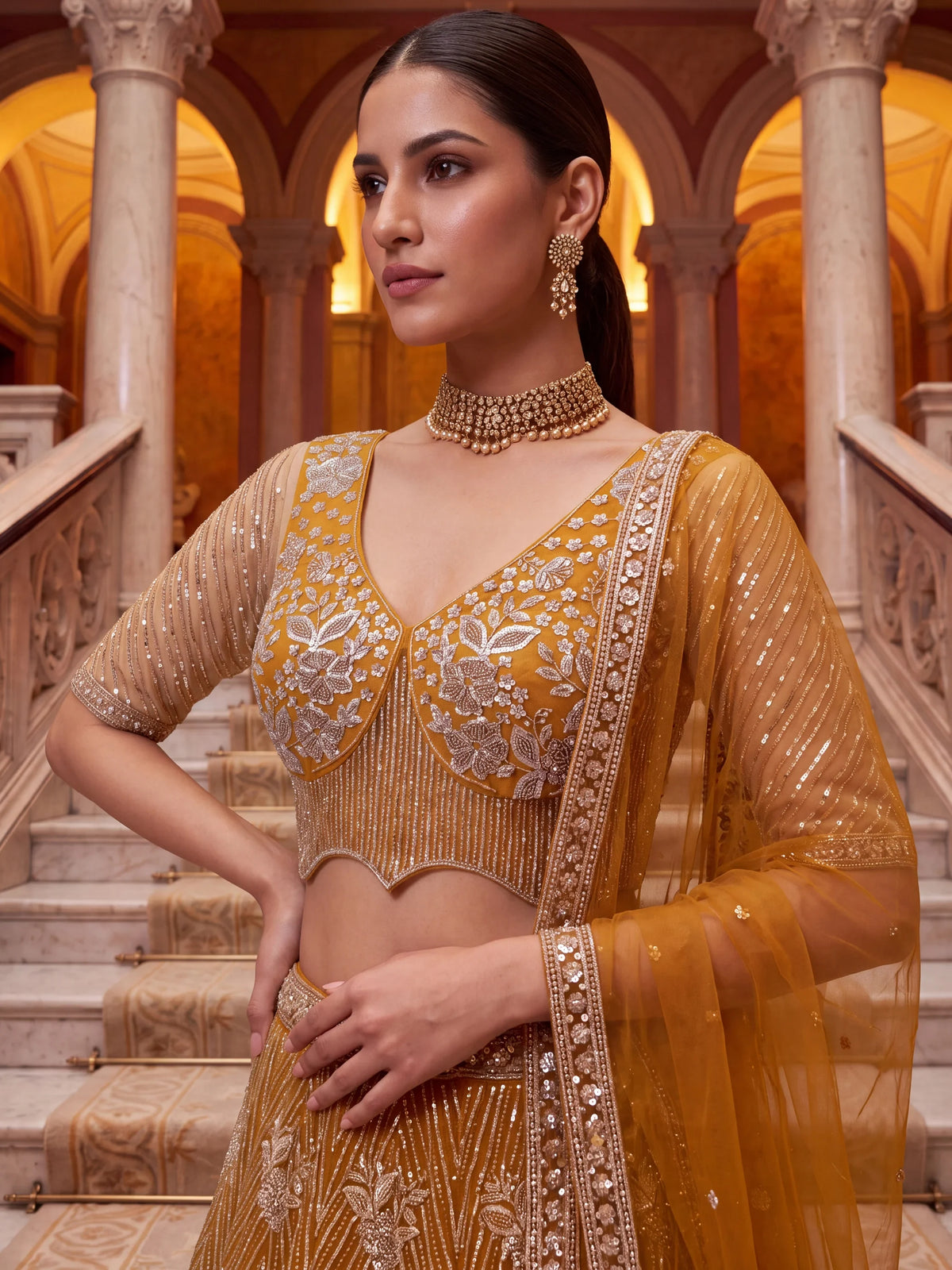 Glowing Mustard Yellow Bead Work Net Reception Wear Lehenga Choli