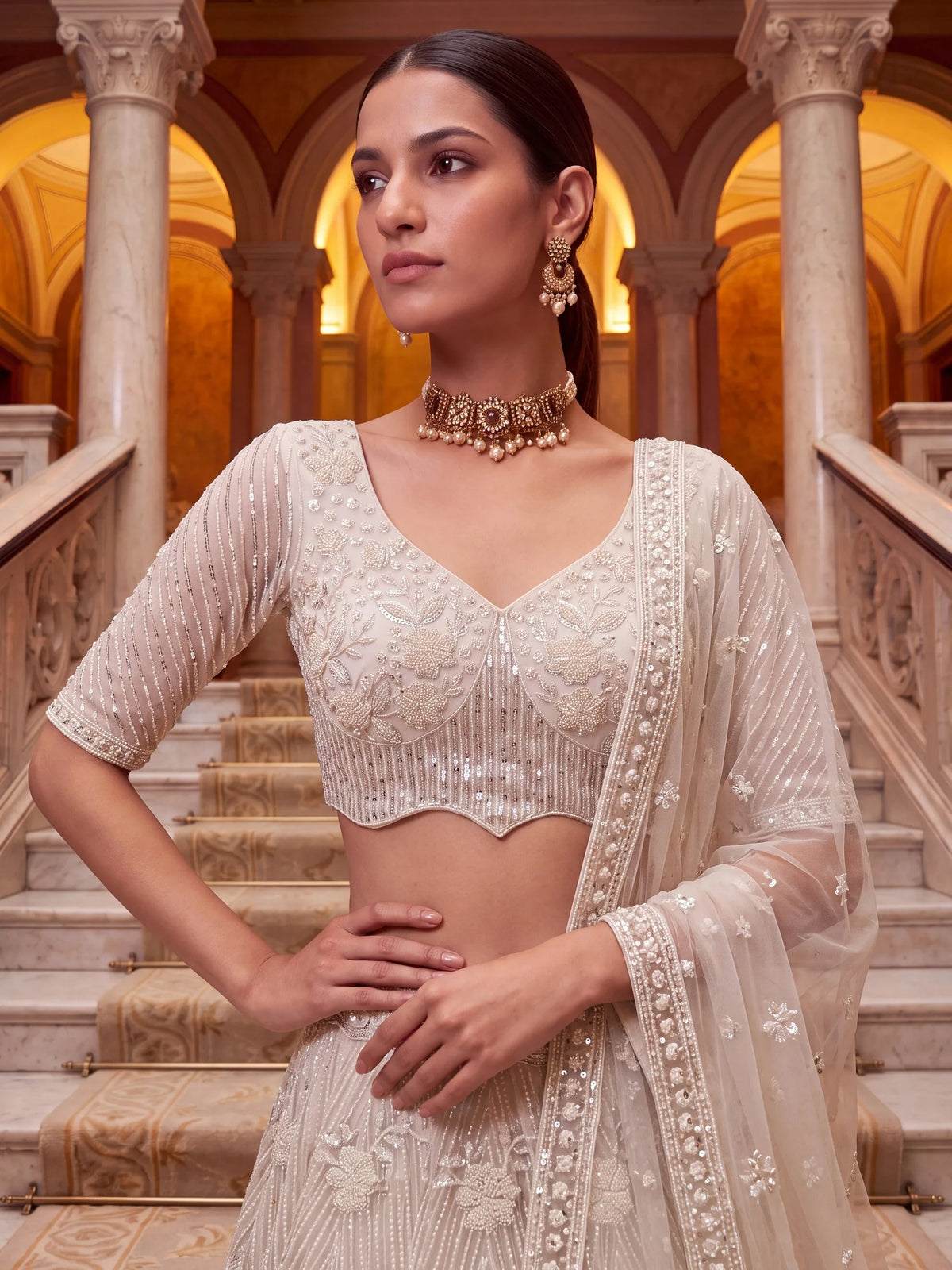Classic White Sequins Net Evening Wear Lehenga Choli With Dupatta