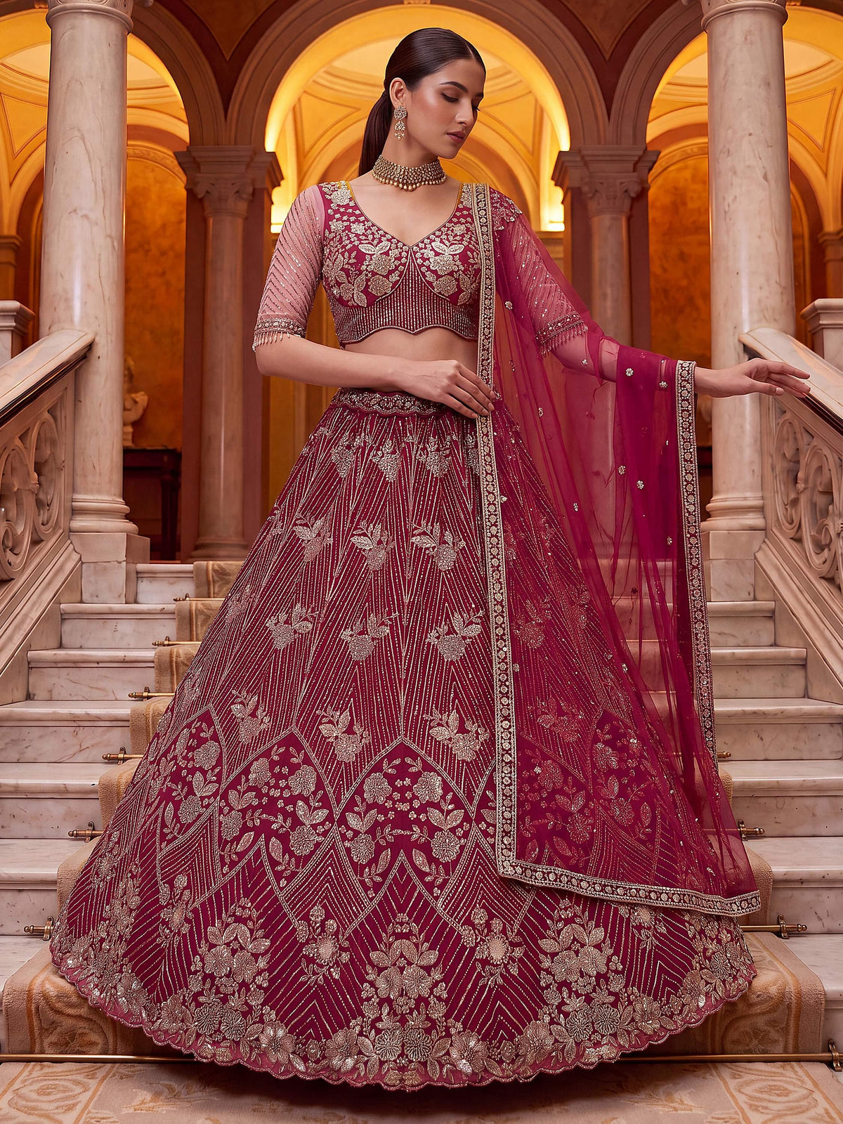 Captivating Rani Pink Thread Work Net Engagement Wear Lehenga Choli