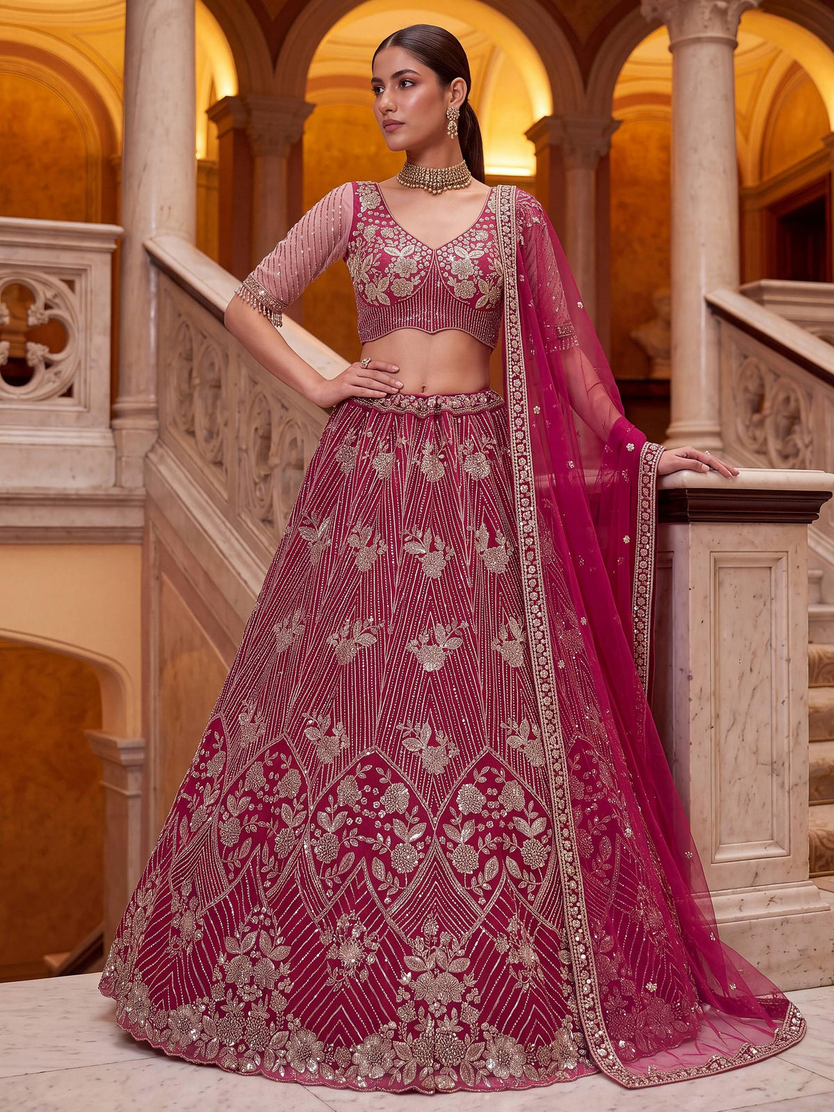 Captivating Rani Pink Thread Work Net Engagement Wear Lehenga Choli