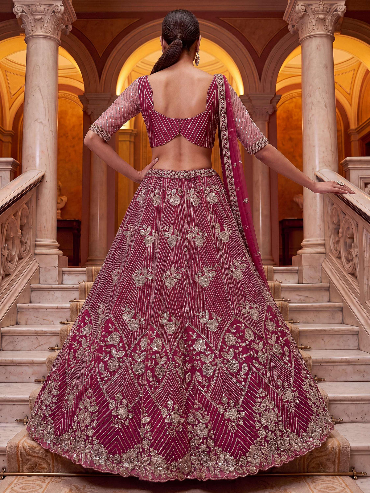 Captivating Rani Pink Thread Work Net Engagement Wear Lehenga Choli