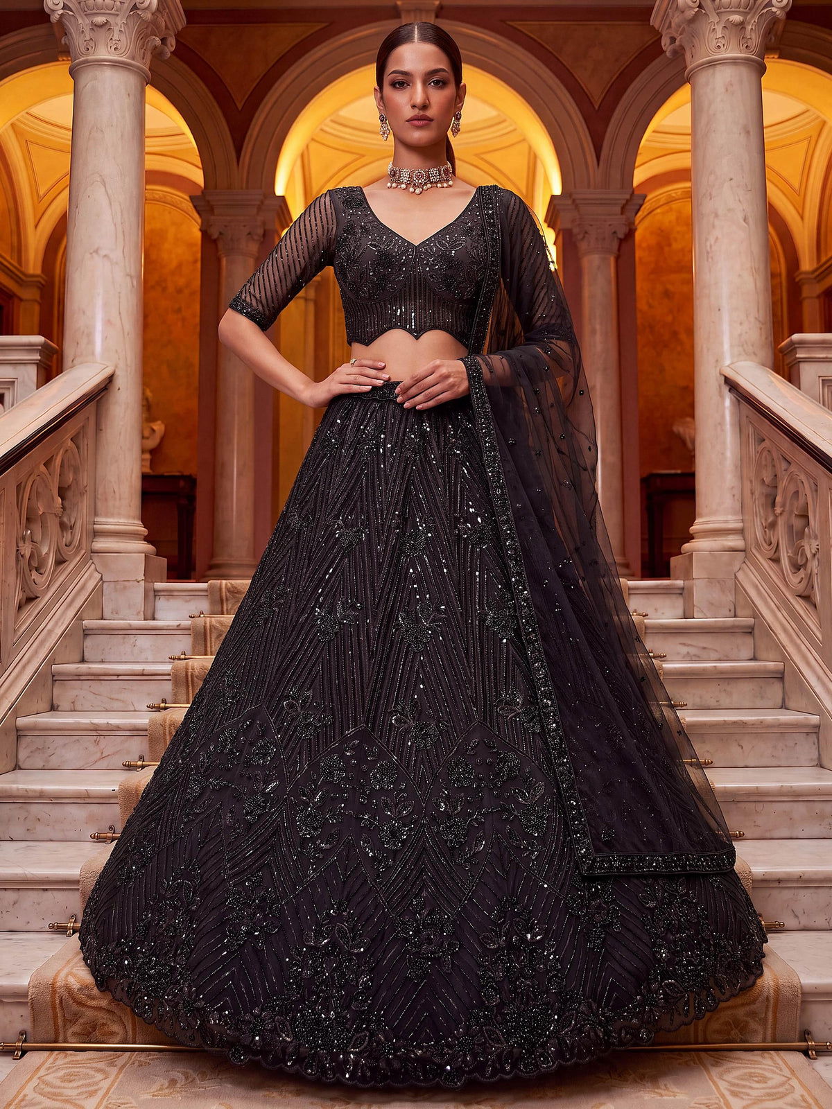 Sparkling Black Embroidered Net Party Wear Lehenga Choli With Dupatta