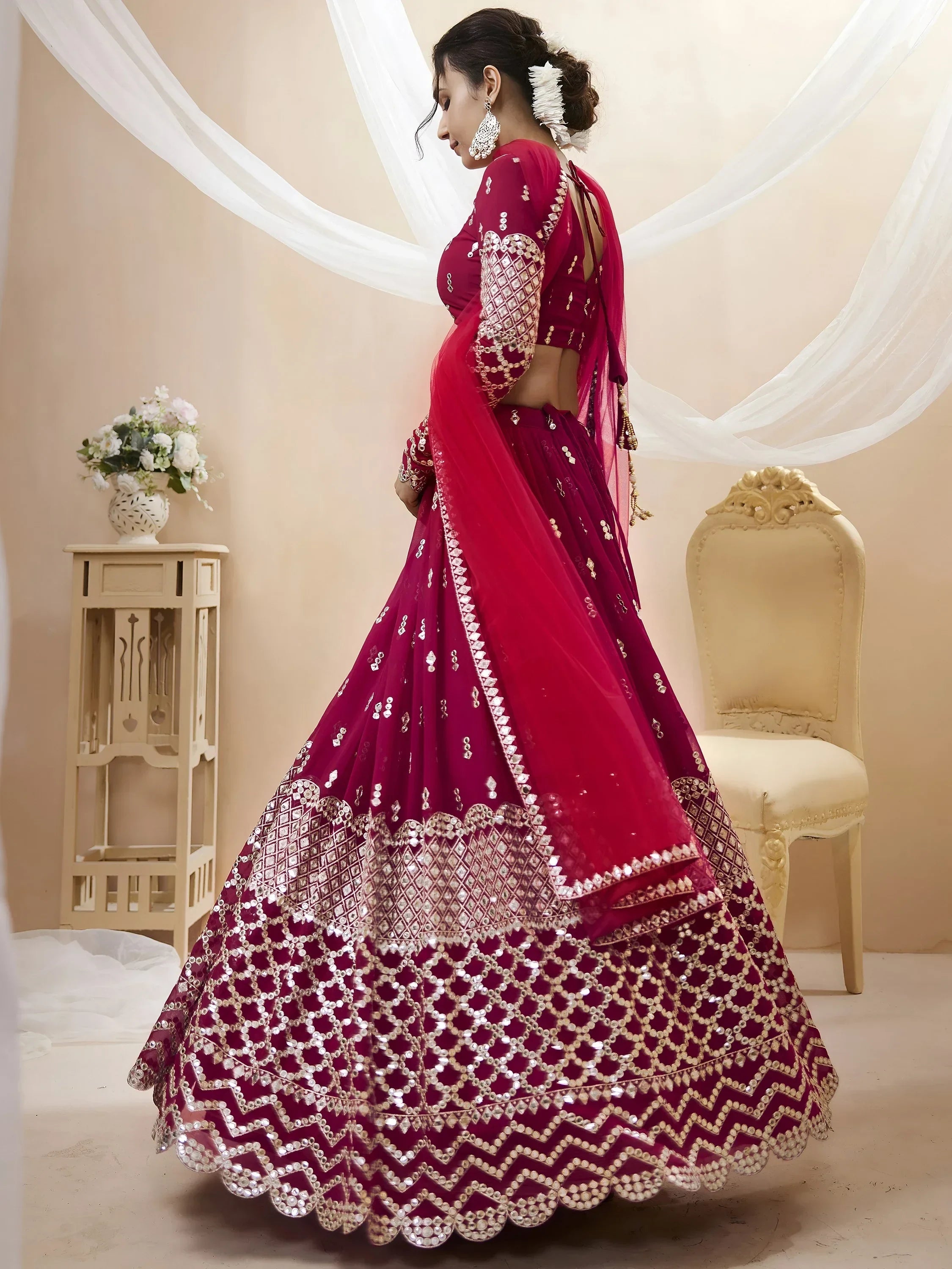 Mesmerizing Dark Pink Sequins Work Georgette Bridesmaid Lehenga Choli