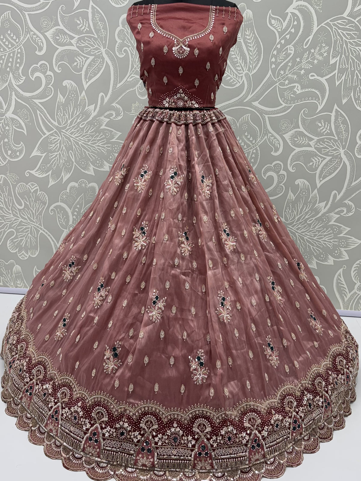 Grand Dusty Mauve Hand Embroidered Silk Wedding Wear Lehenga Choli