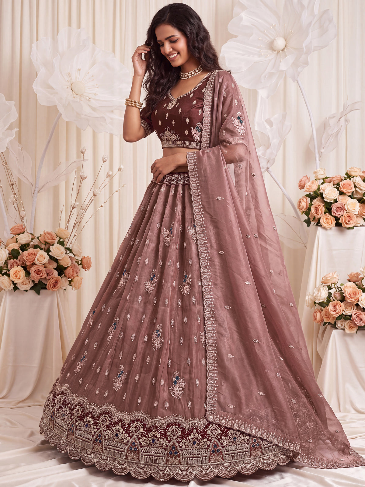 Grand Dusty Mauve Hand Embroidered Silk Wedding Wear Lehenga Choli