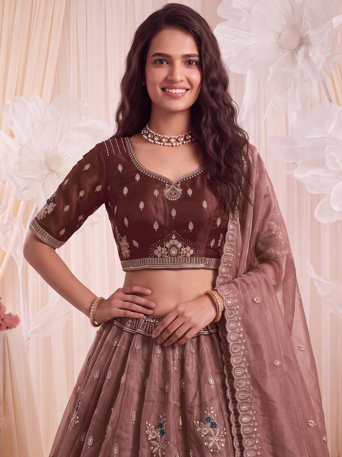 Grand Dusty Mauve Hand Embroidered Silk Wedding Wear Lehenga Choli