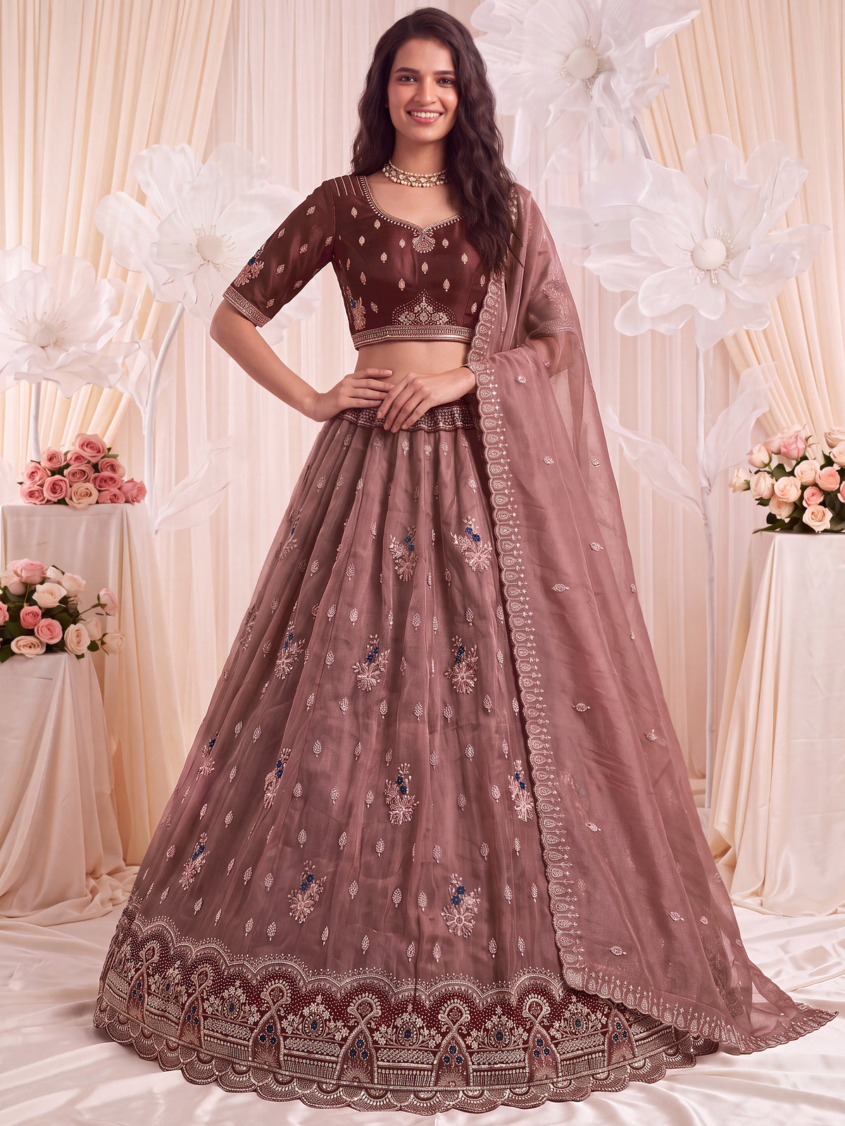 Grand Dusty Mauve Hand Embroidered Silk Wedding Wear Lehenga Choli