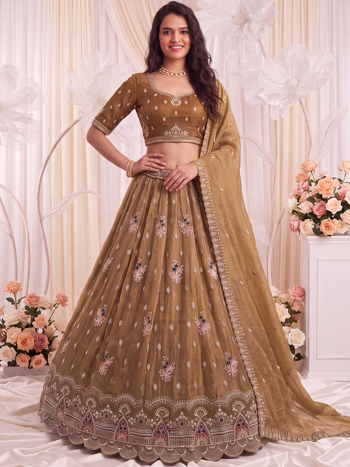 Mesmerizing Brown Bead Work Silk Reception Wear Lehenga With Blouse