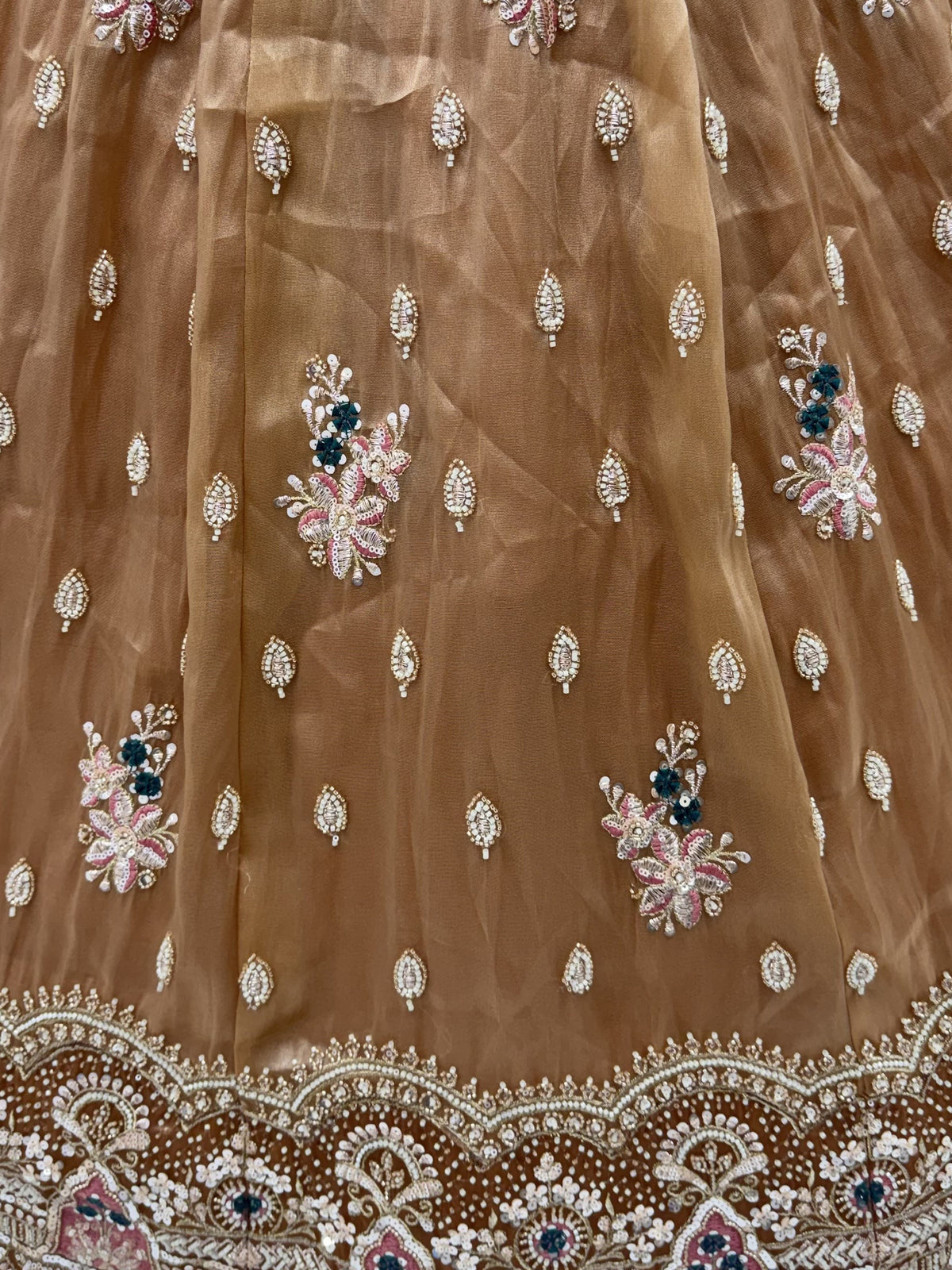 Mesmerizing Brown Bead Work Silk Reception Wear Lehenga With Blouse