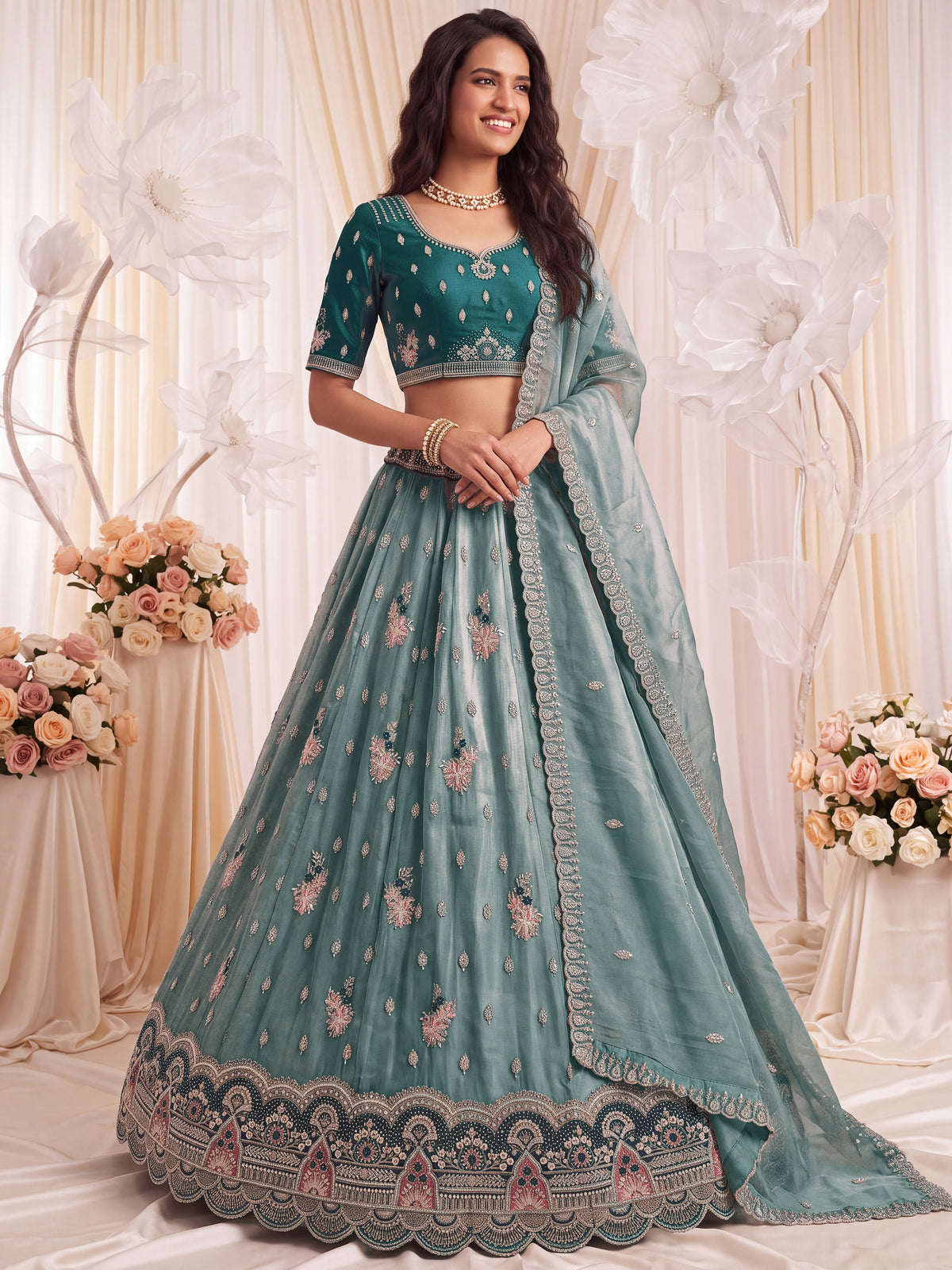 Luxurious Teal Blue Sequins Silk Sangeet Wear Lehenga Choli With Dupatta