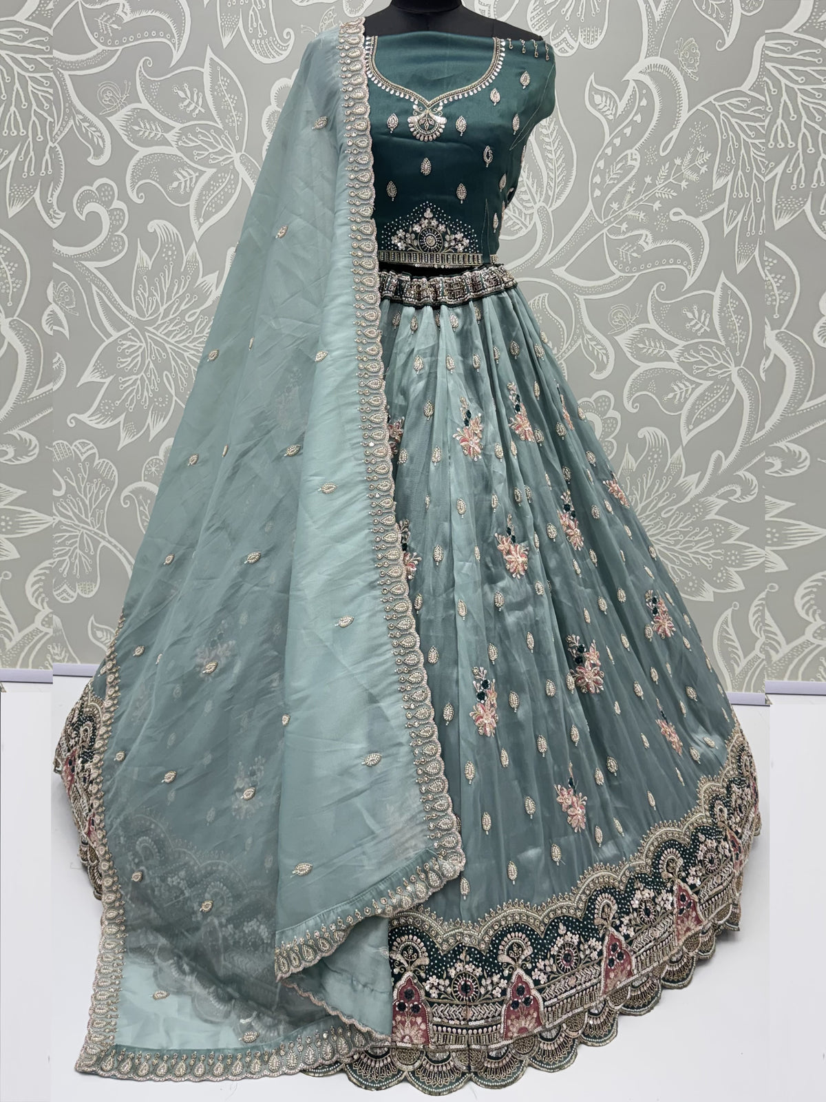Luxurious Teal Blue Sequins Silk Sangeet Wear Lehenga Choli With Dupatta