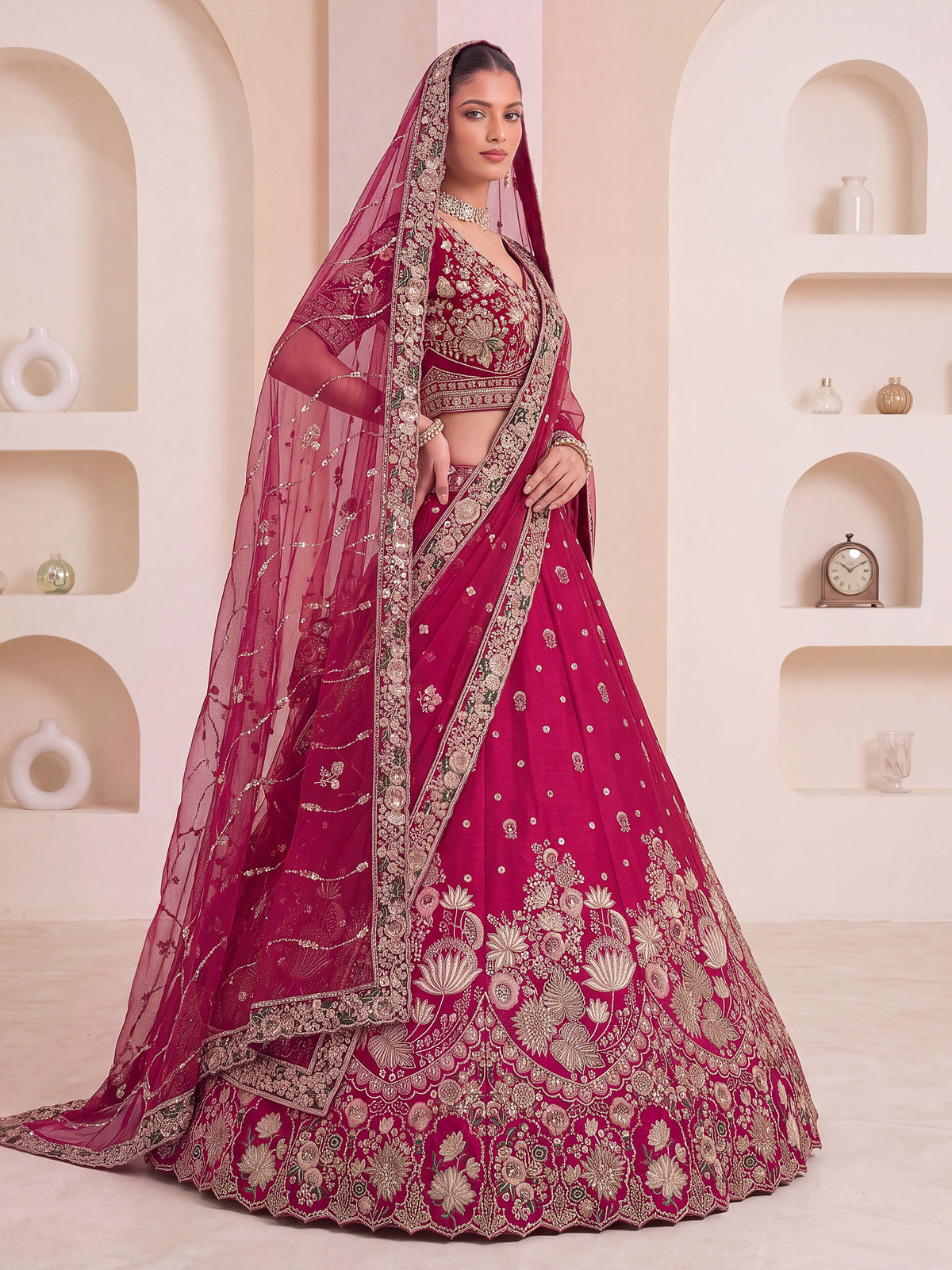 Appealing Pink Embroidered Bridal Wear Lehenga Choli With Double Dupatta