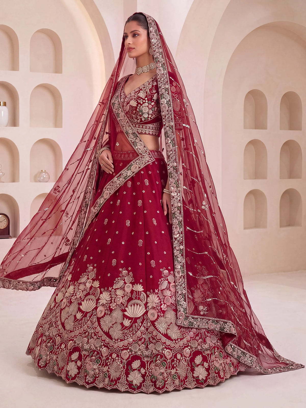 Ravishing Maroon Sequins Silk Bridal Lehenga Choli With Double Dupatta