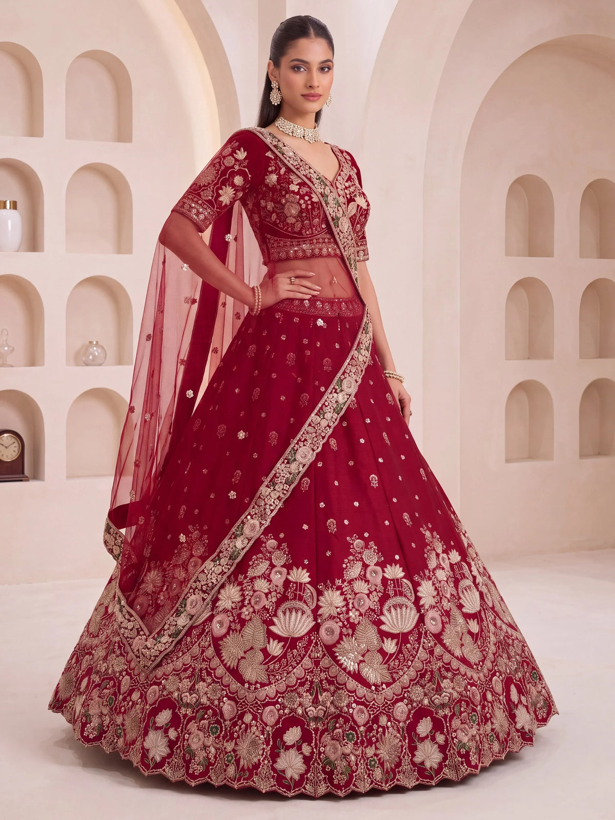 Ravishing Maroon Sequins Silk Bridal Lehenga Choli With Double Dupatta