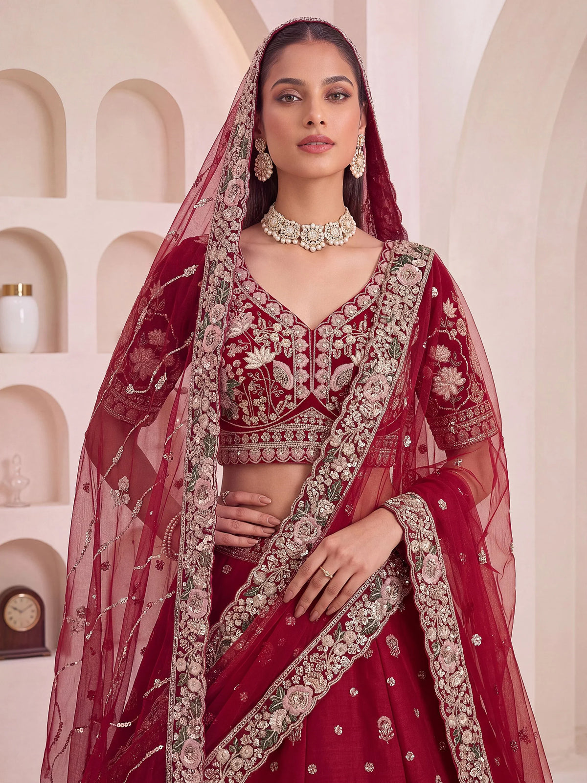 Ravishing Maroon Sequins Silk Bridal Lehenga Choli With Double Dupatta