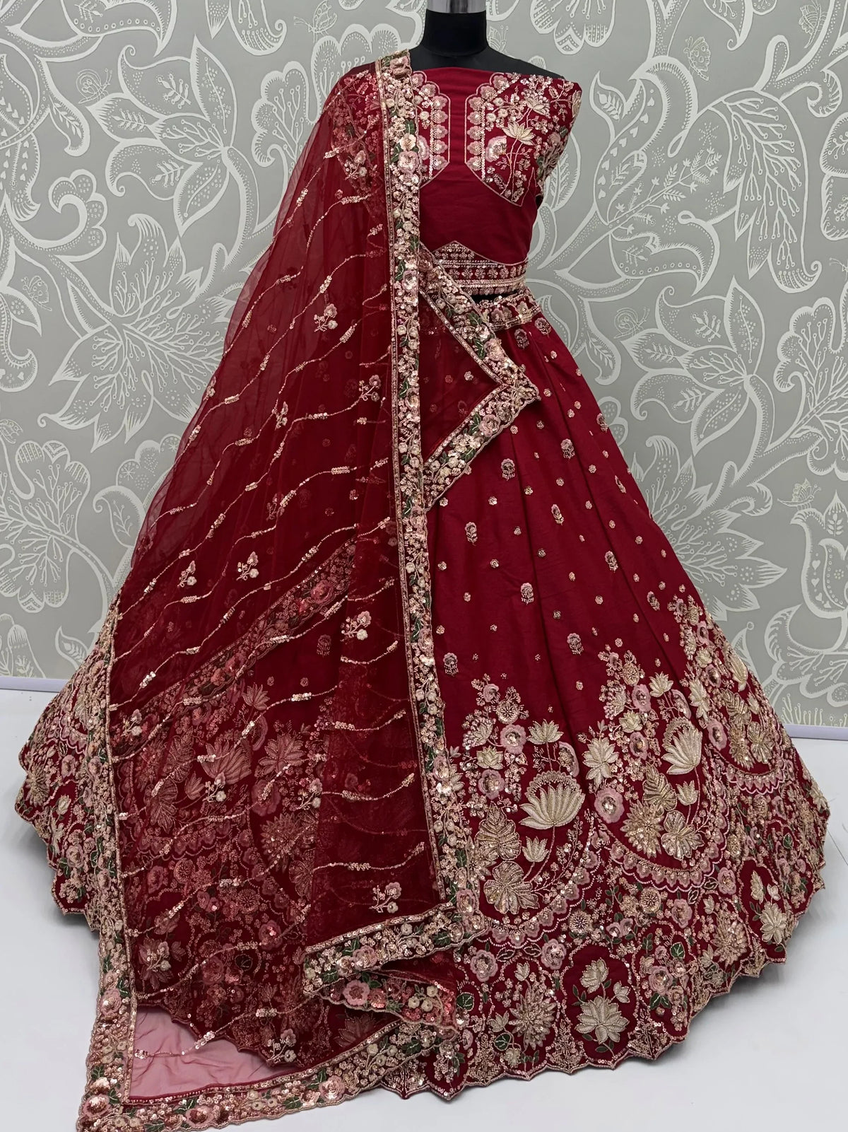 Ravishing Maroon Sequins Silk Bridal Lehenga Choli With Double Dupatta