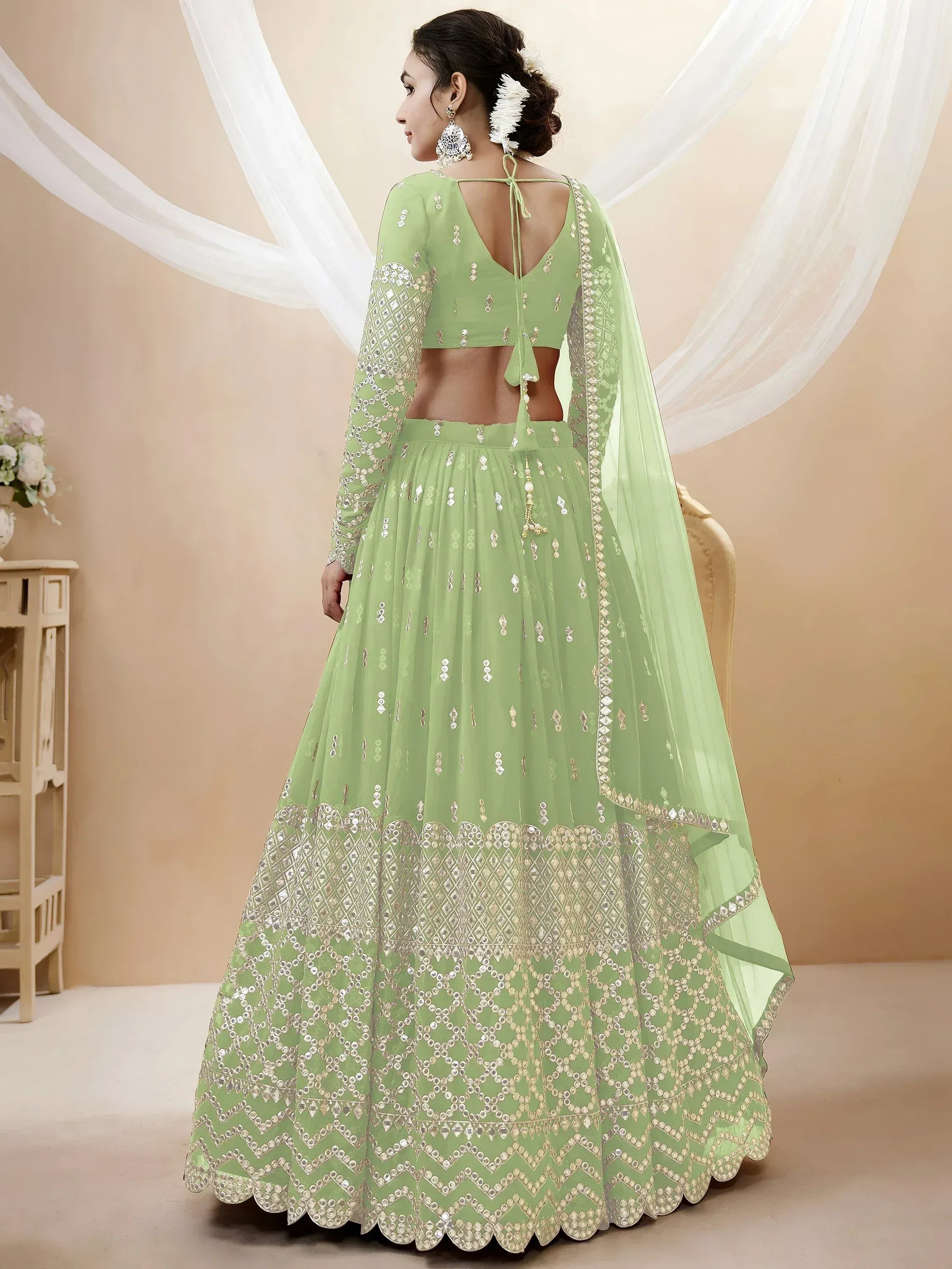 Attractive Pastel Green Sequins Work Georgette Lehenga Choli