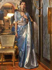 Stunning Sky-Blue Zari Weaving Organza Festival Wear Saree With Blouse