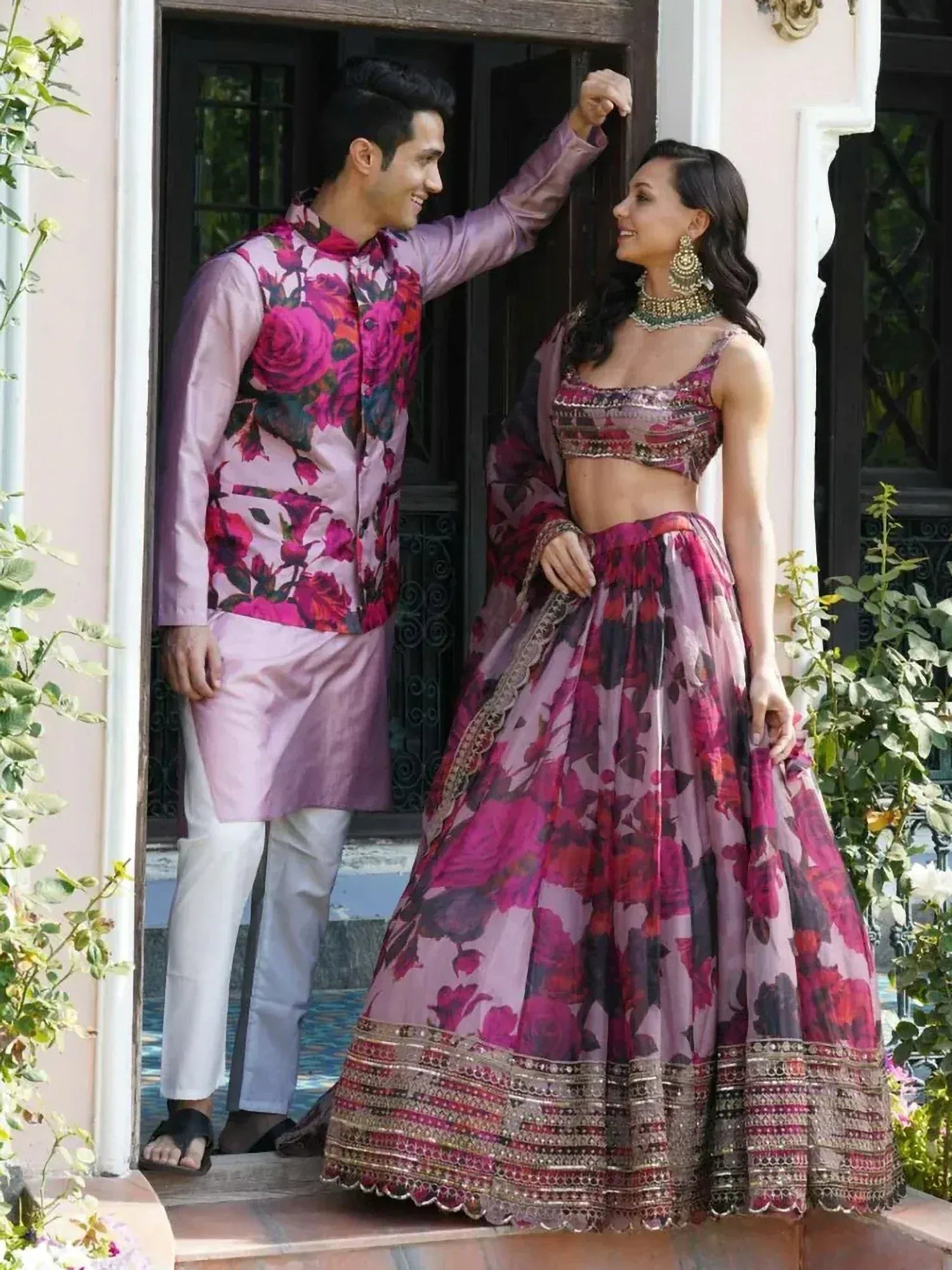 Elegant floral lehenga choli and matching kurta set for Indian ethnic wear