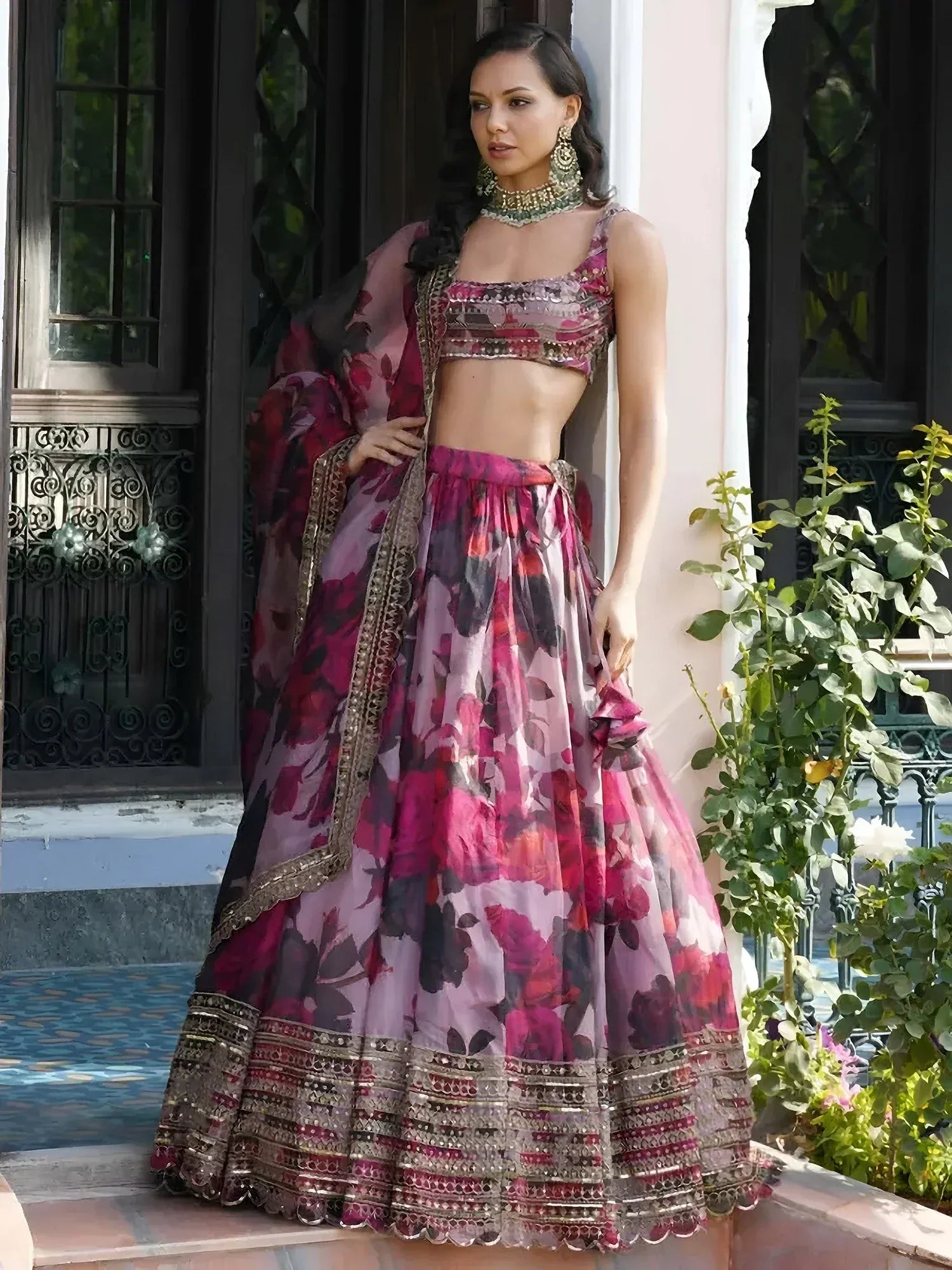 Floral print lehenga choli with intricate embroidery and matching dupatta for Indian ethnic wear